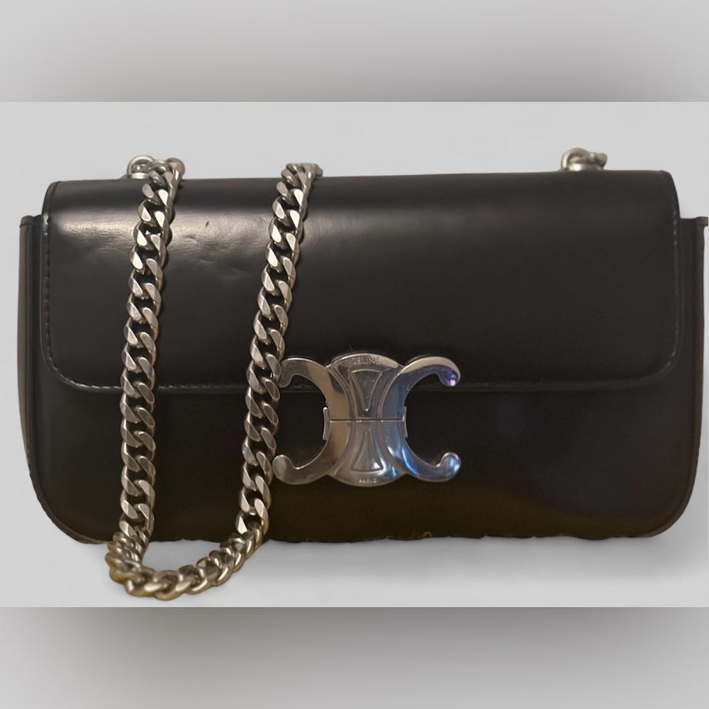 Celine Shinny Calfskin Triomphe Chain Shoulder bag Black
